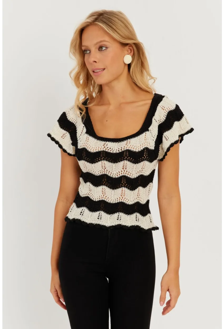 Kadın Ekru-Siyah Ajurlu Triko Bluz YZ624