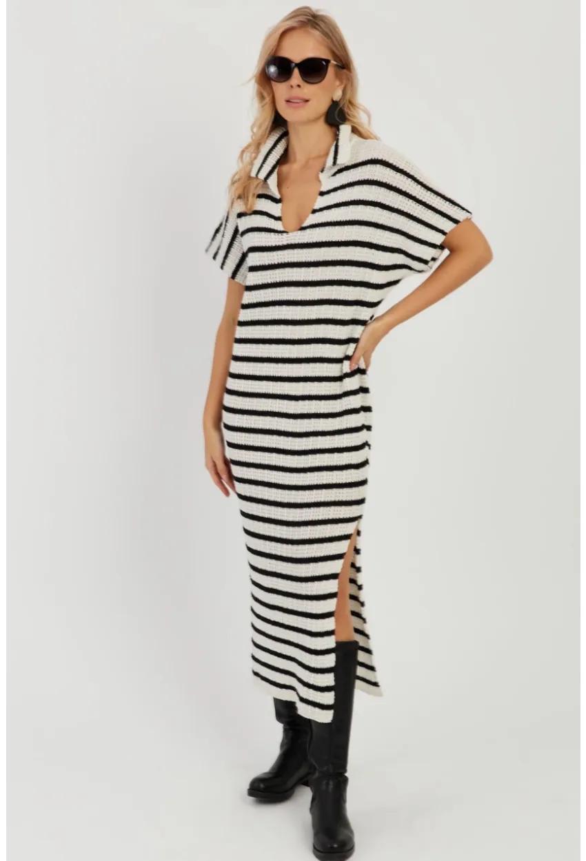 Kadın Ekru-Siyah Ajurlu Triko Midi Elbise YZ622
