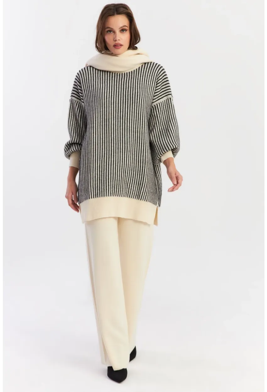 Kadın Ekru-Siyah Alt Üst Pantalon Triko Takım NUV35