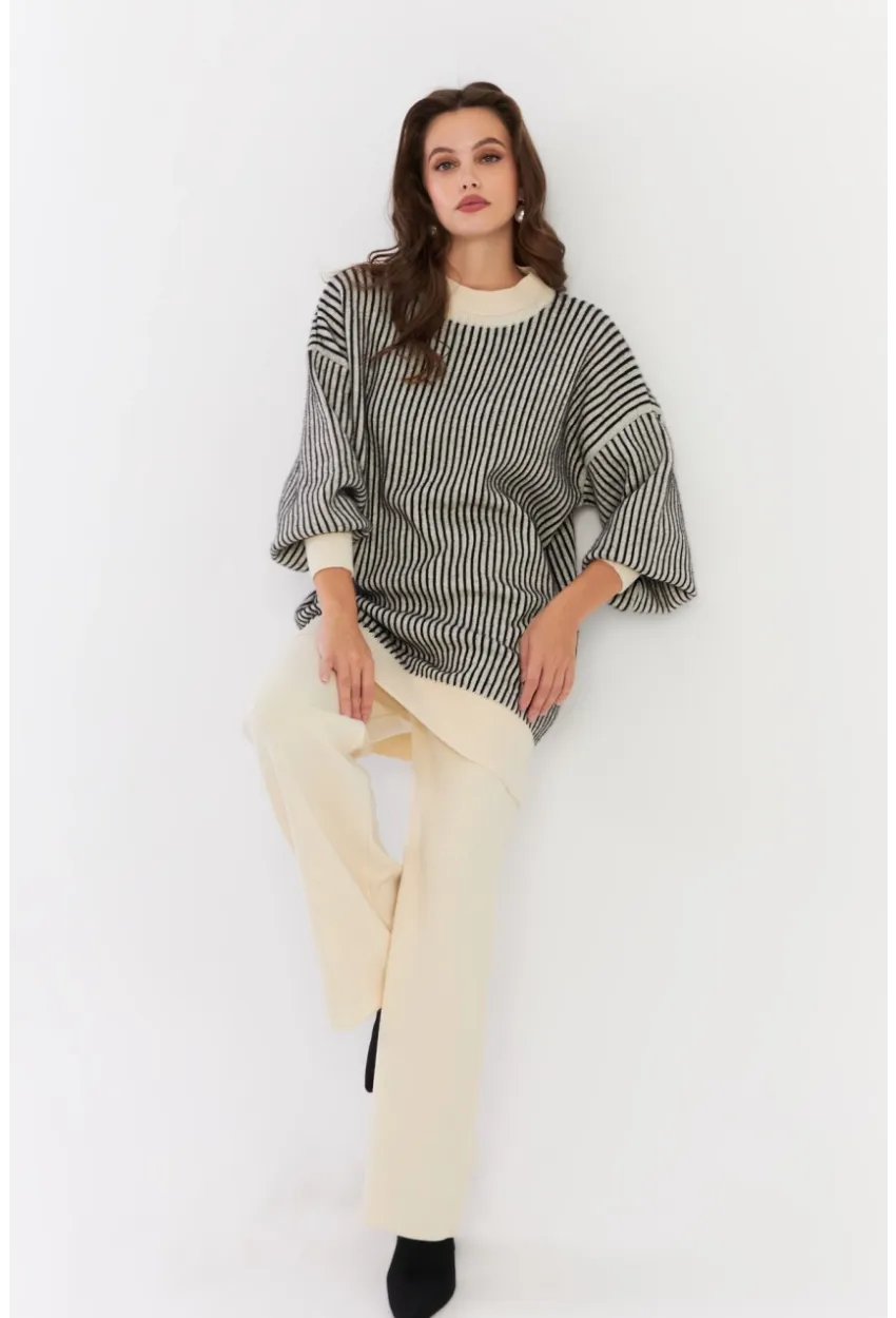 Kadın Ekru-Siyah Alt Üst Pantalon Triko Takım NUV35