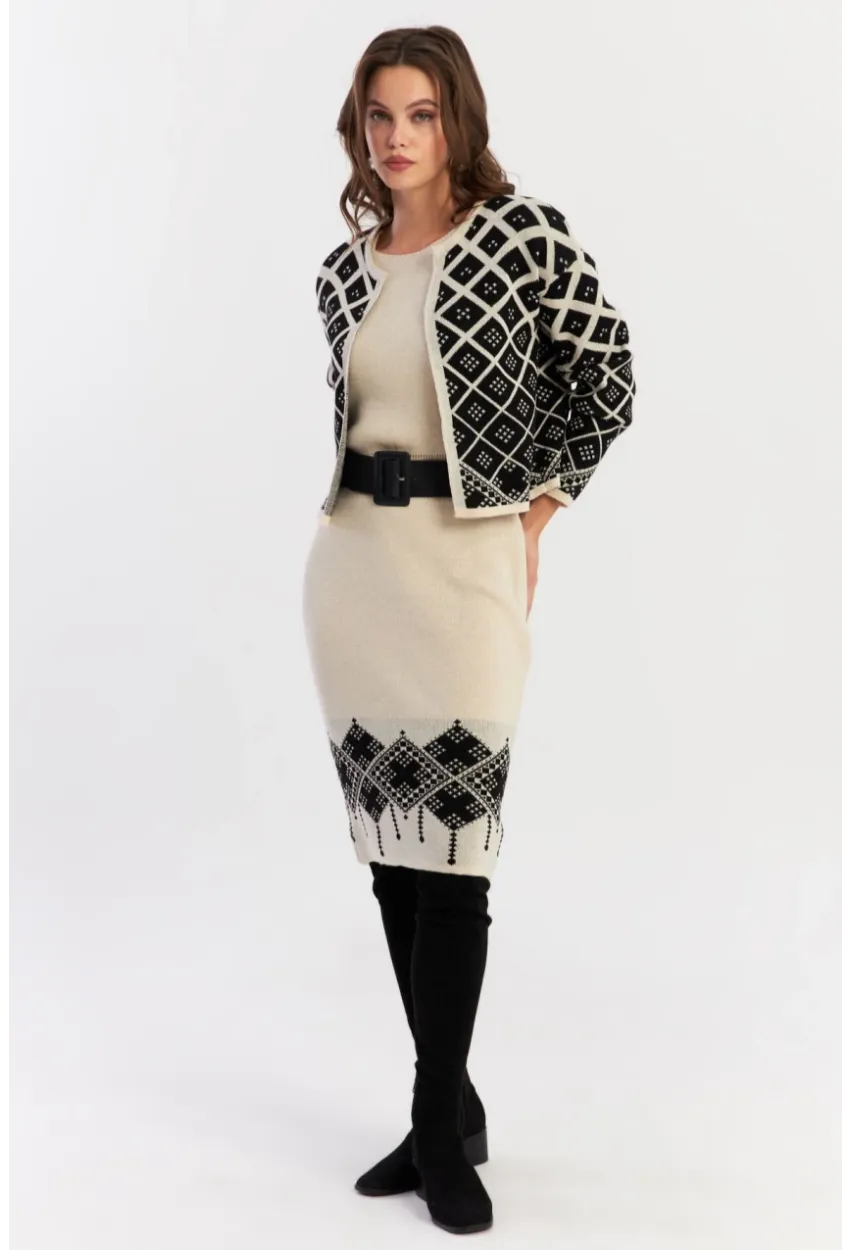 Kadın Ekru-Siyah Alt Üst Triko Desenli Takım NUV2028
