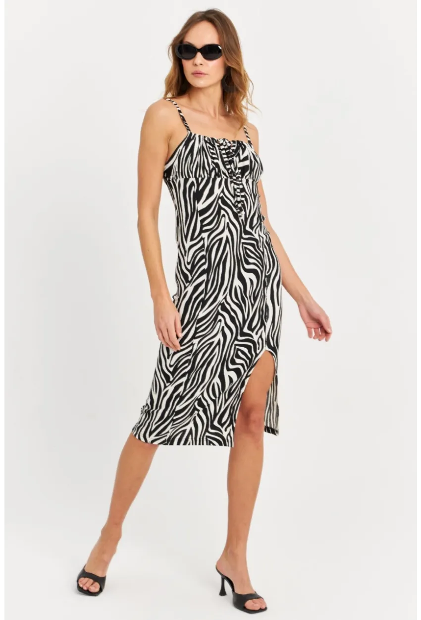 Kadın Ekru-Siyah Askılı Bürümcük Midi Elbise KAB302