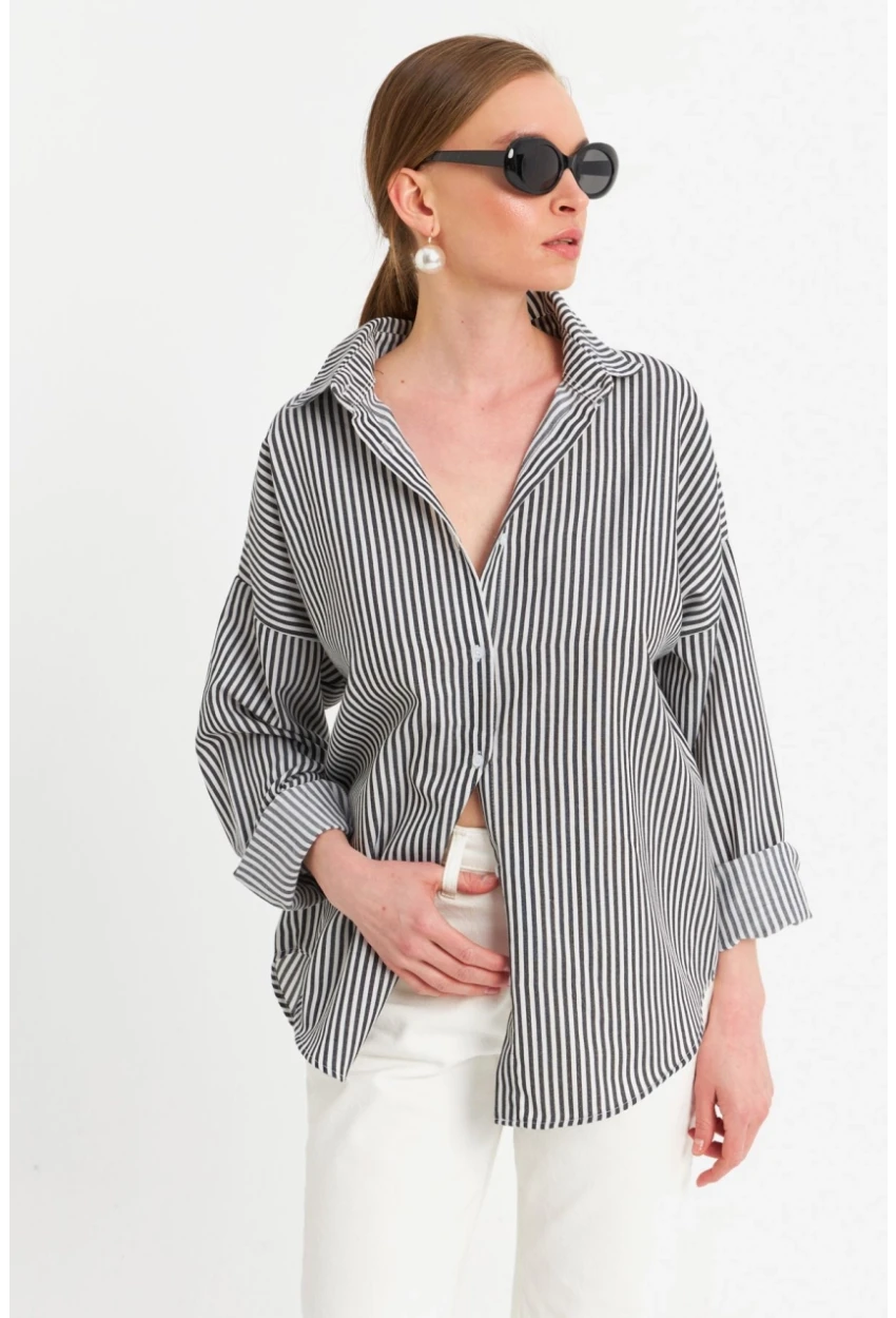 Kadın Ekru-Siyah Çizgili Gömlek ZER425