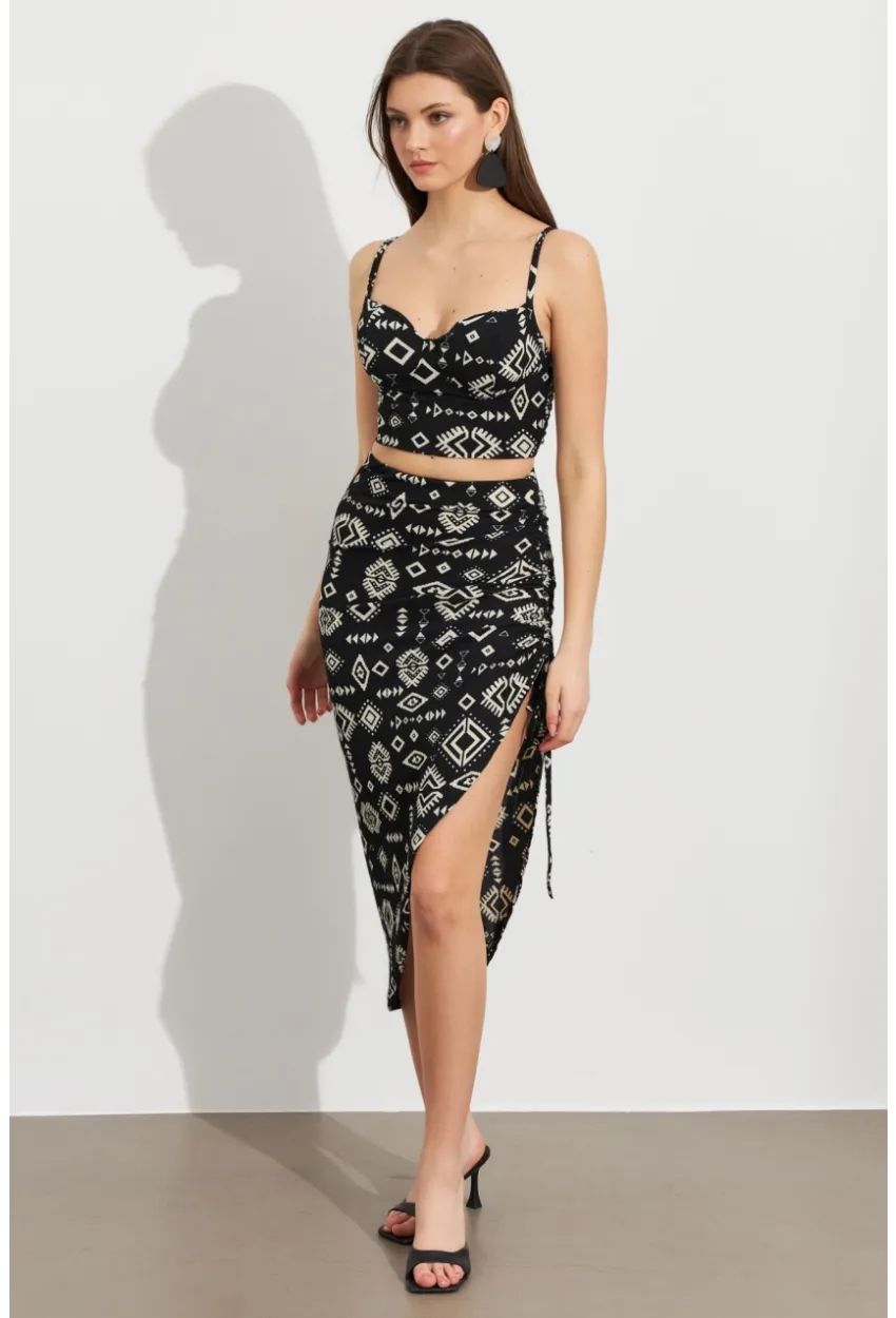 Kadın Ekru-Siyah Desenli Crop Etek Takım LİT108