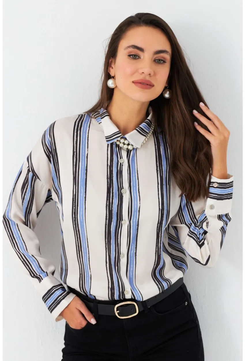 Kadın Ekru-Siyah Desenli Saten Gömlek MSHR500