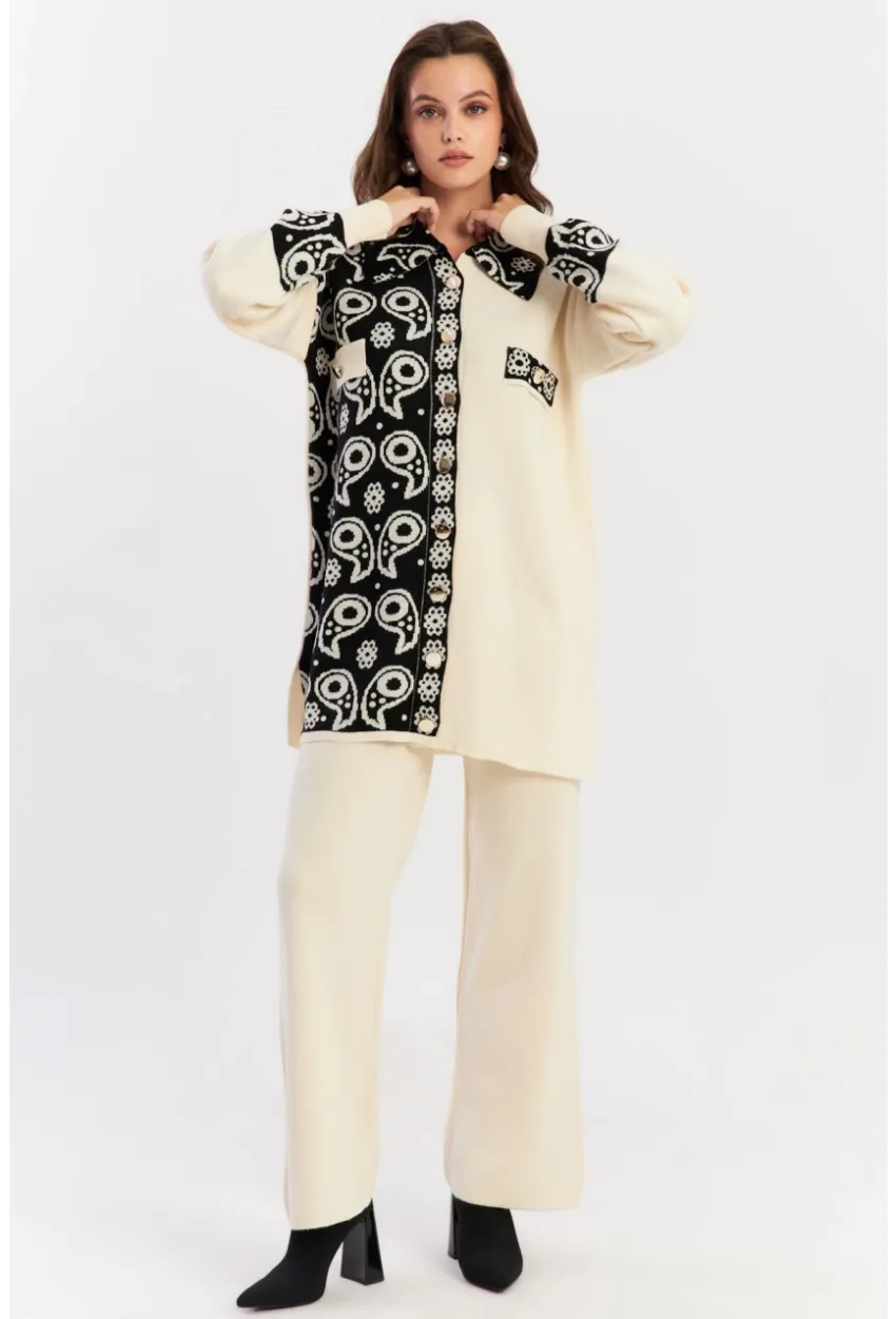 Kadın Ekru-Siyah Desenli Triko Alt Üst Takım NUV1066