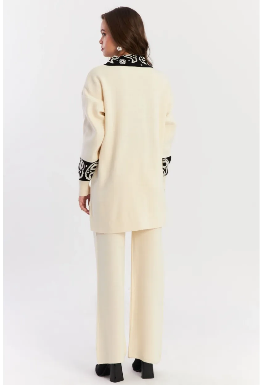 Kadın Ekru-Siyah Desenli Triko Alt Üst Takım NUV1066