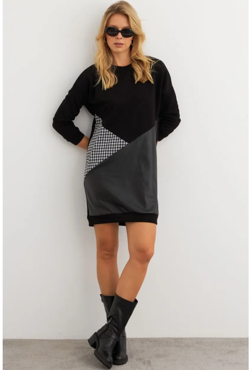 Kadın Ekru-Siyah Leopar Desenli Mini Sweat Elbise ST145