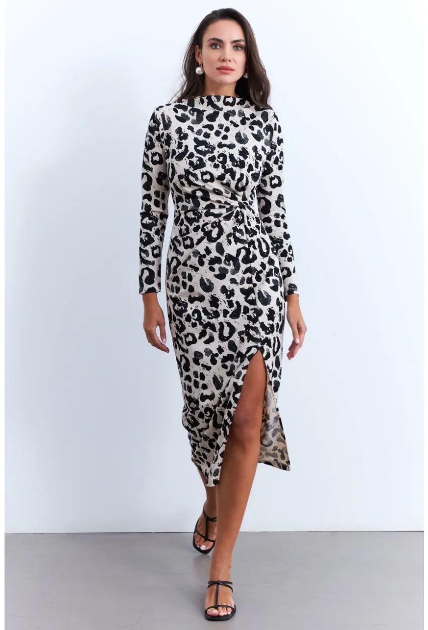 Kadın Ekru-Siyah Önü Düğümlü Desenli Midi Elbise MKED5006