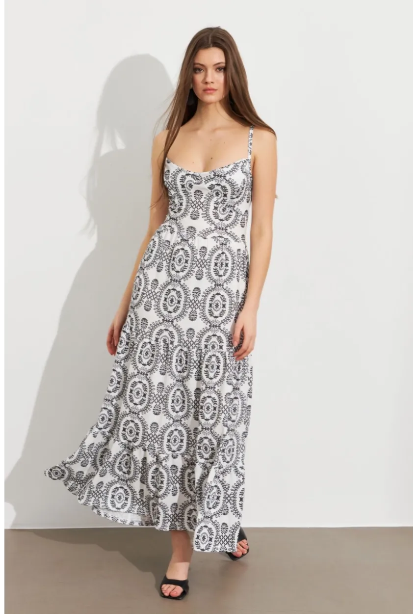 Kadın Ekru-Siyah Sırt Dekolteli Desenli Maxi Elbise LİT110