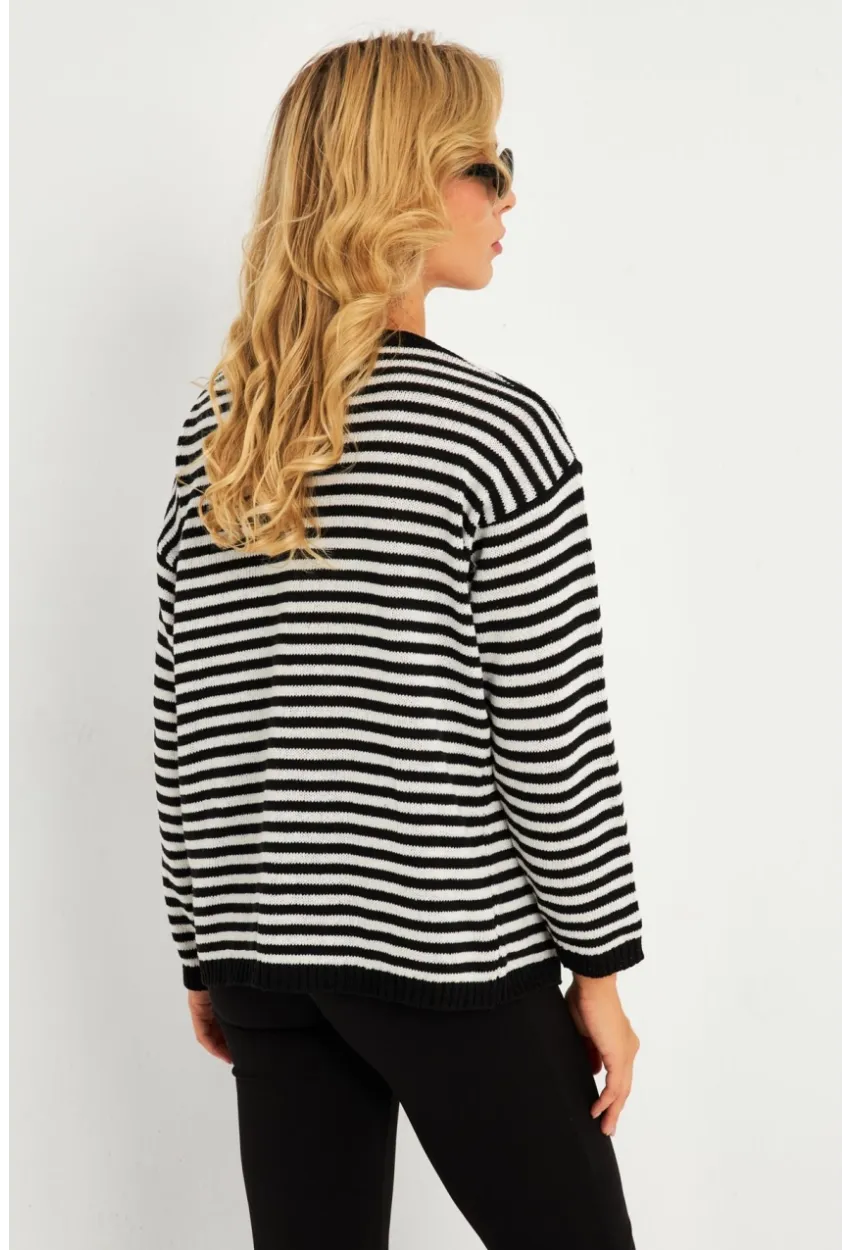 Kadın Ekru-Siyah V Yaka Triko Salaş Bluz YV283