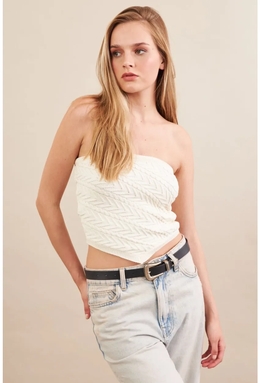 Kadın Ekru Straplez Triko Crop Bluz ZH049
