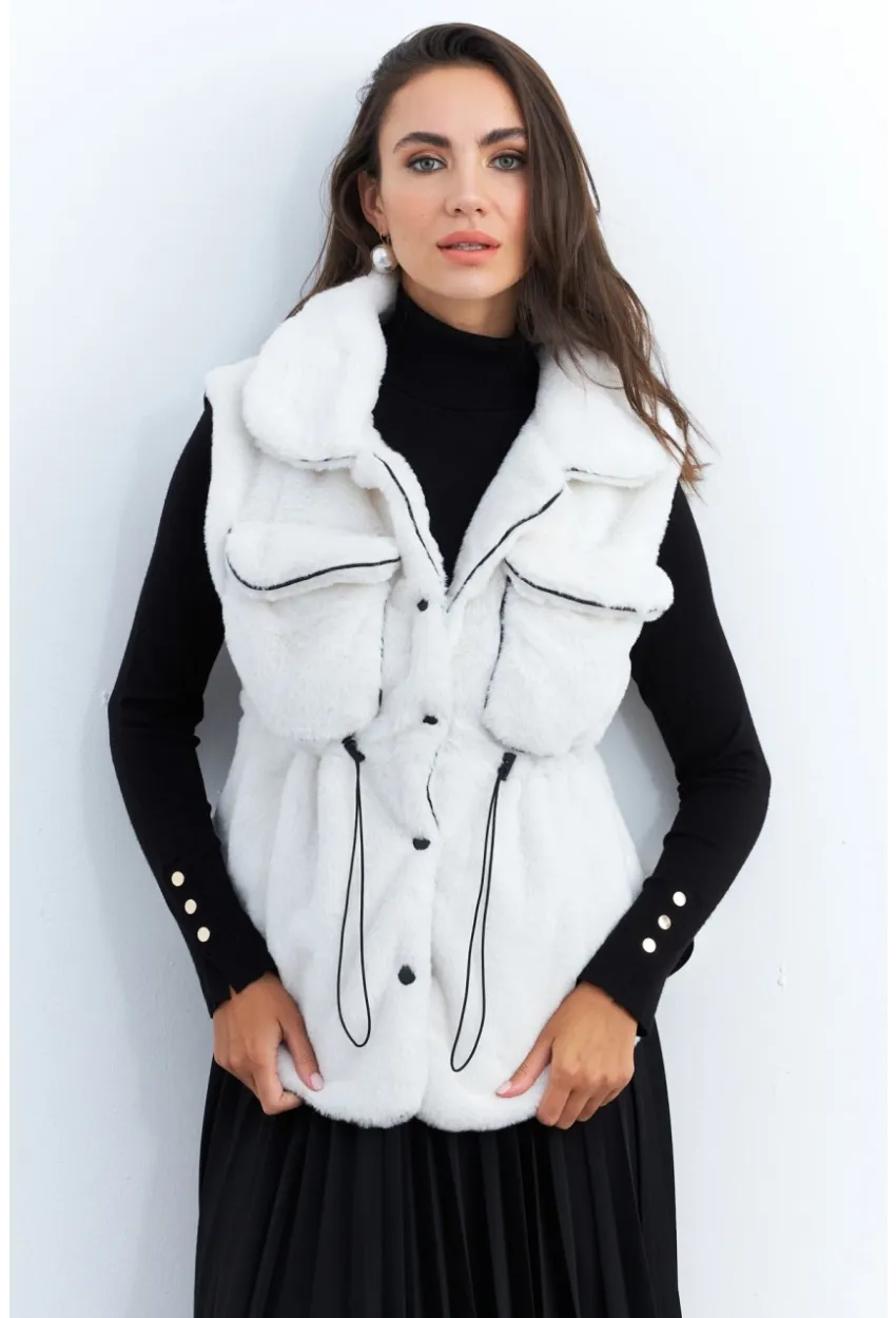 Kadın Ekru Suni Kürk Cepli Yelek MK66