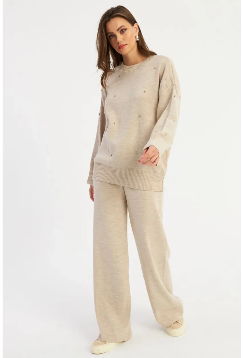 Kadın Ekru Taşlı Alt Üst Takım MYİL10