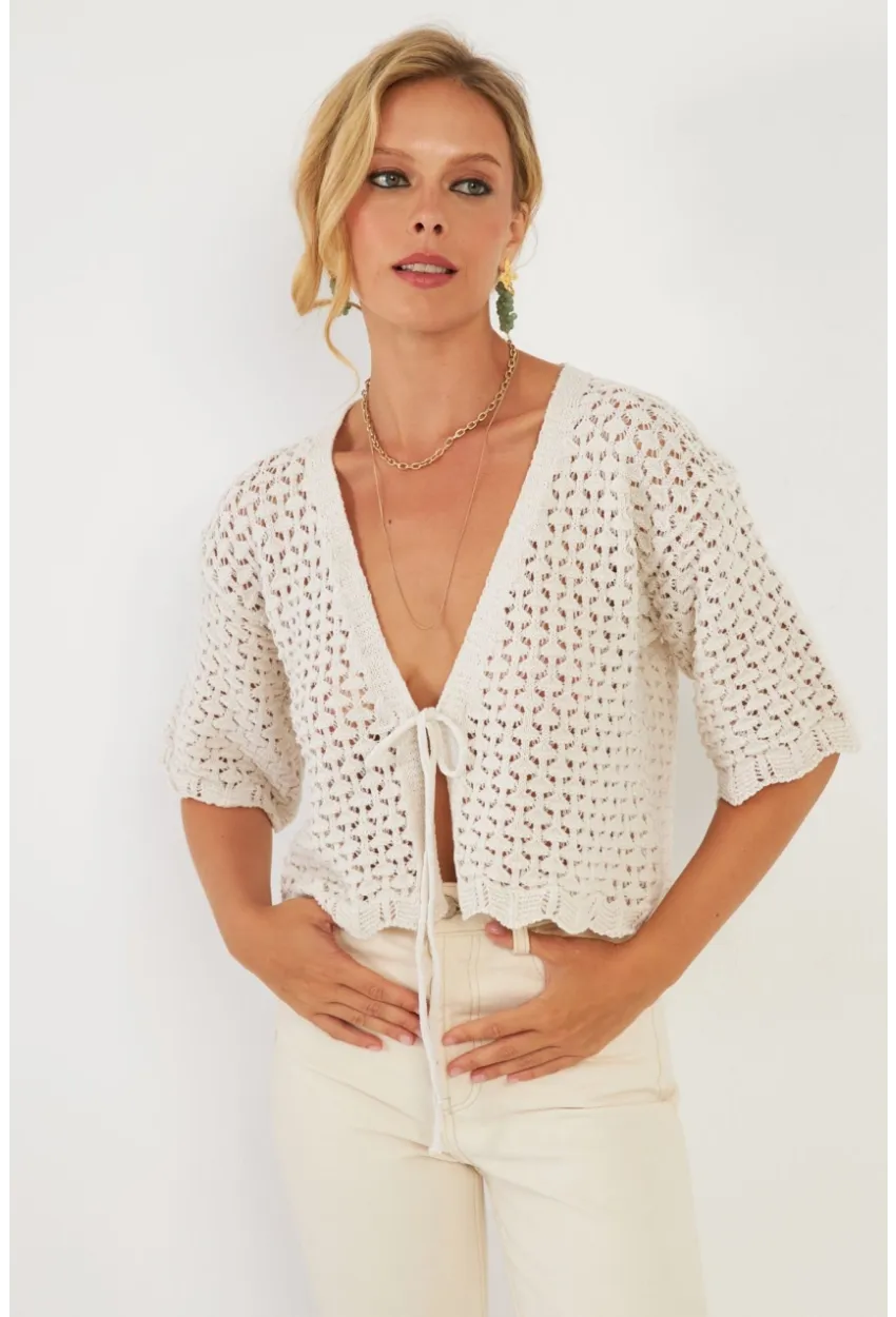 Kadın Ekru Triko Ajurlu Hırka YV255