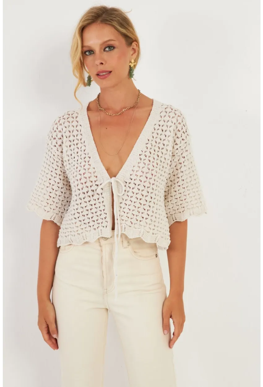 Kadın Ekru Triko Ajurlu Hırka YV255