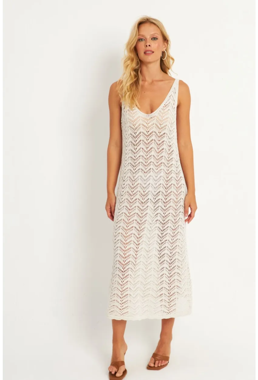 Kadın Ekru Triko Midi Plaj Elbisesi HC1482