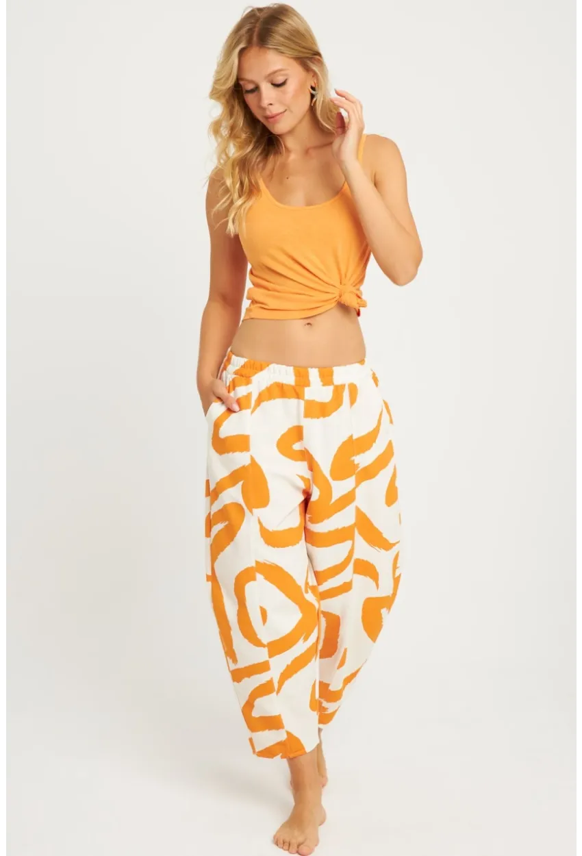 Kadın Ekru-Turuncu Desenli Keten Şalvar Pantolon K1253