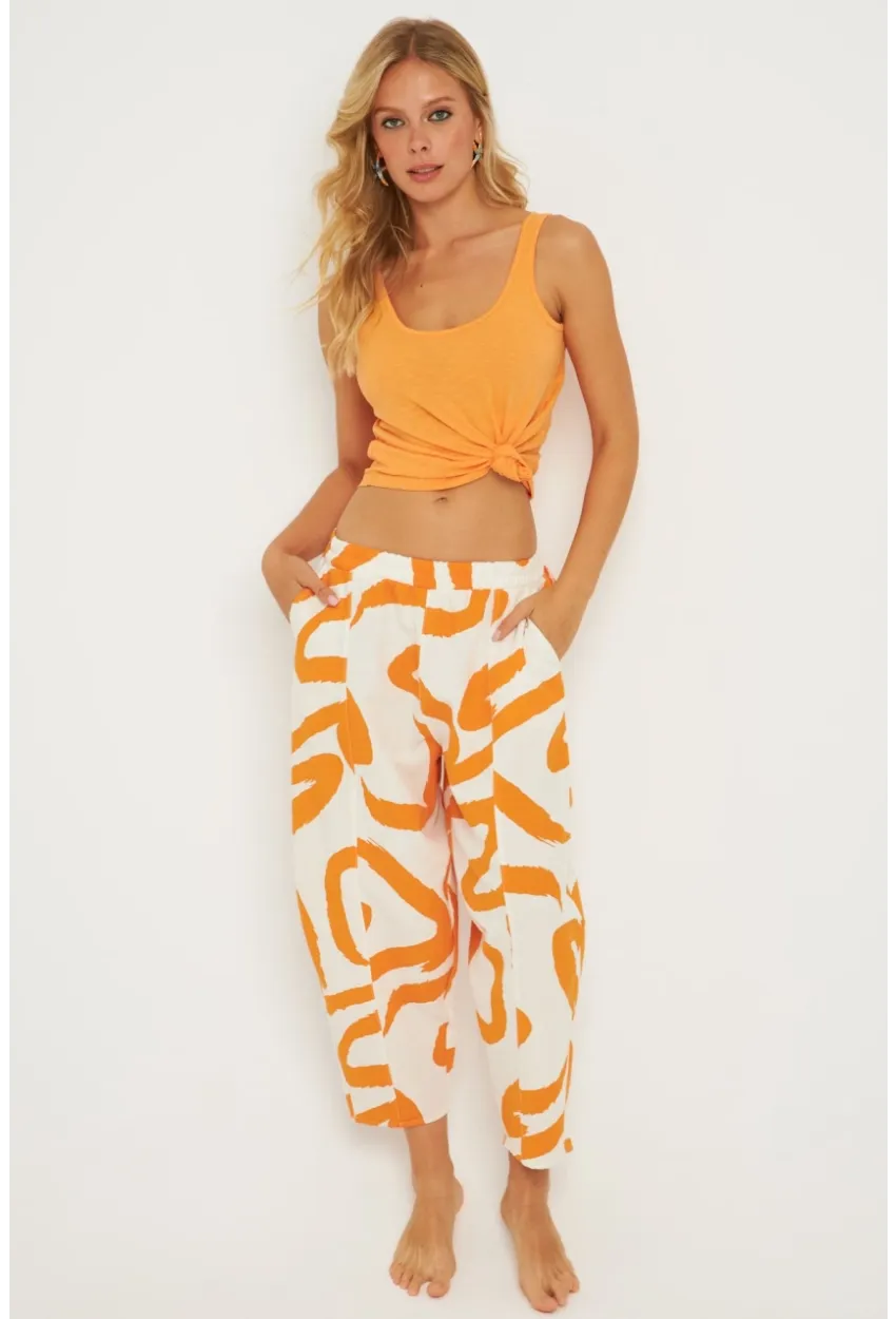 Kadın Ekru-Turuncu Desenli Keten Şalvar Pantolon K1253