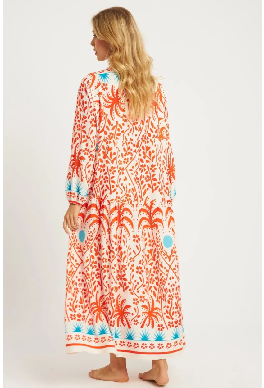 Kadın Ekru-Turuncu Desenli Midi Elbise GÇ169
