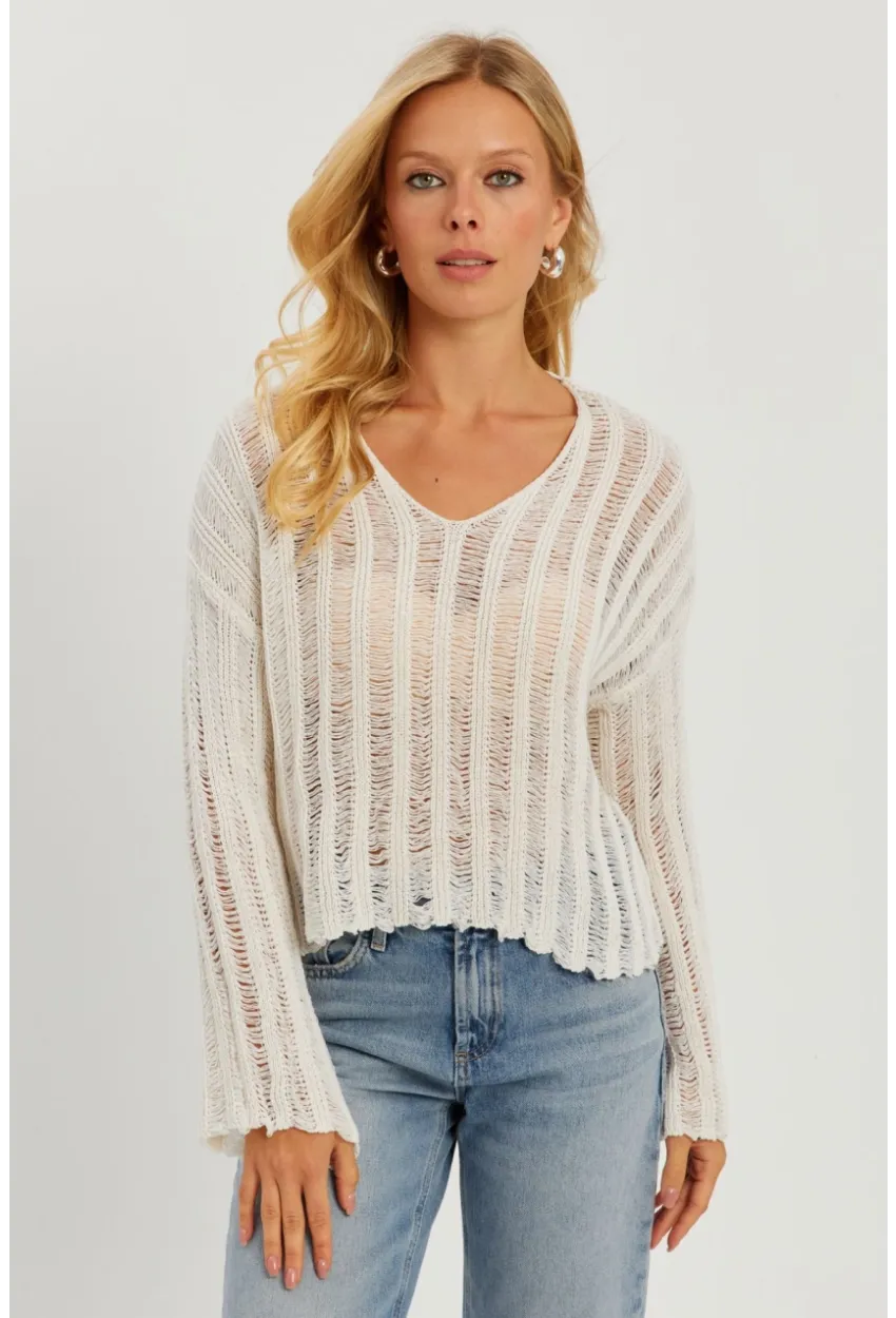 Kadın Ekru V Yaka Ajurlu Triko Bluz YV233
