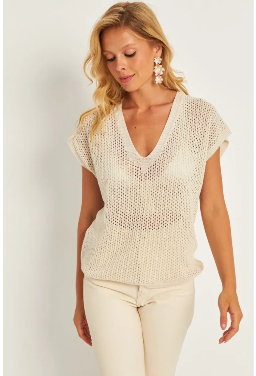 Kadın Ekru V Yaka Fileli Bluz SMT230