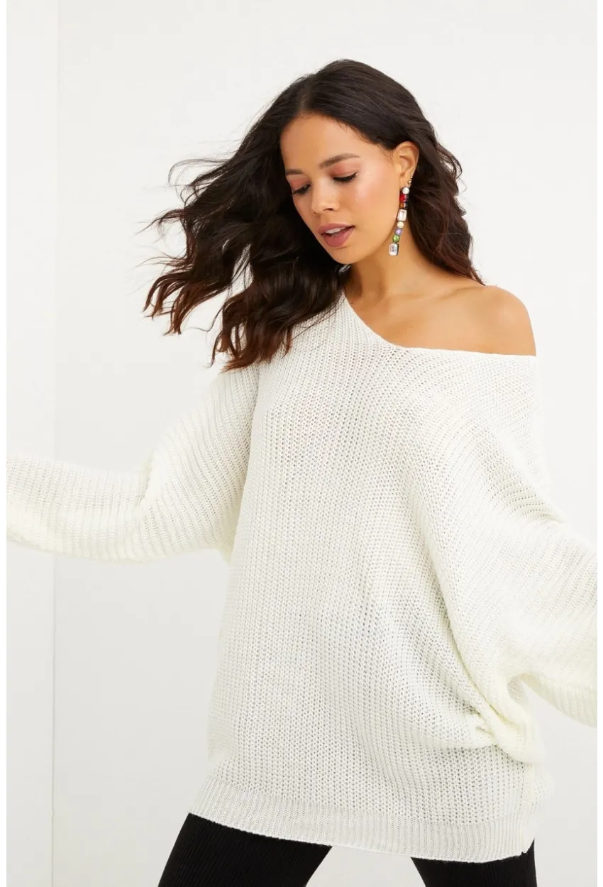 Kadın Ekru V Yaka Salaş Oversize Triko Tunik SMT158