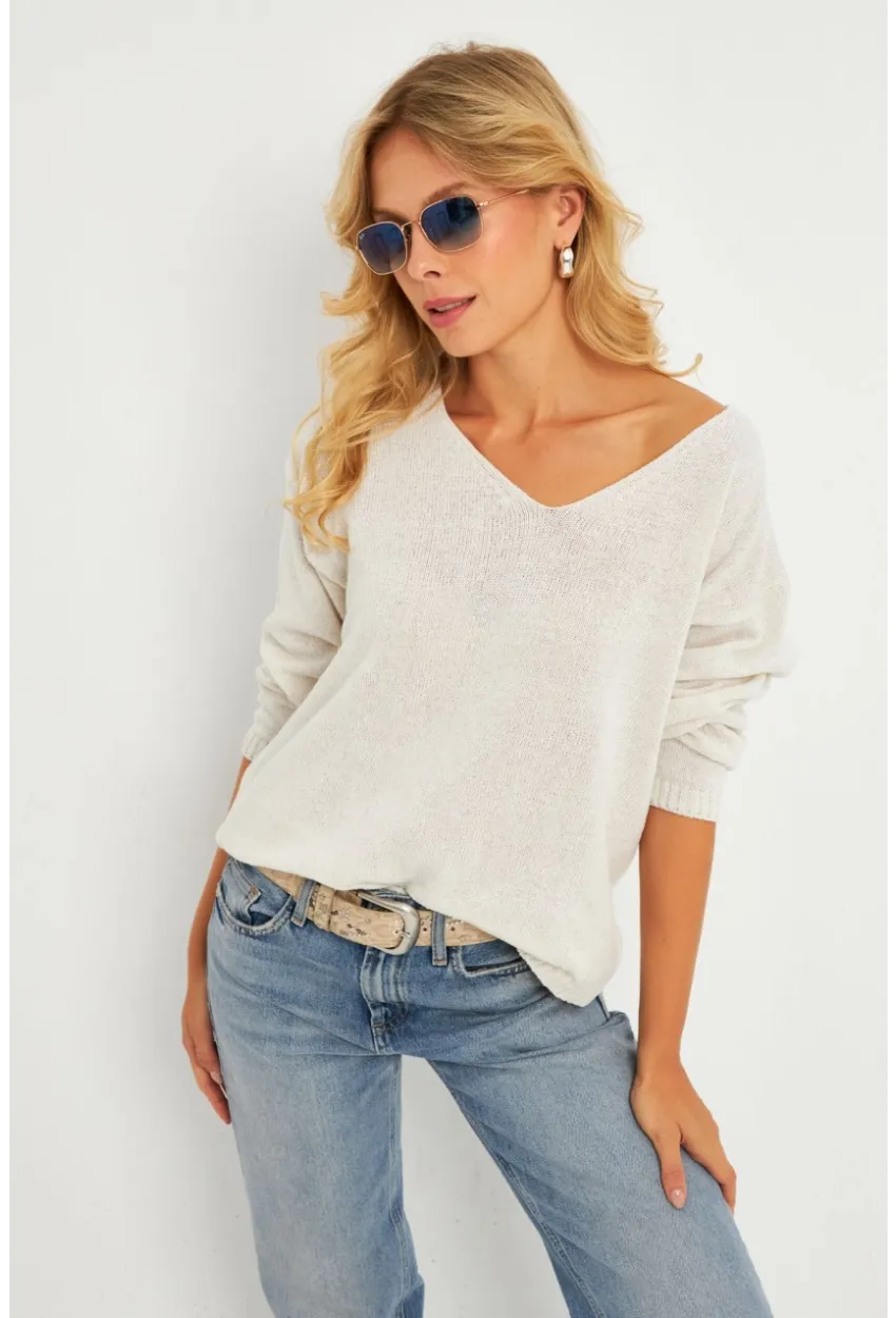 Kadın Ekru V Yaka Triko Bluz YV282