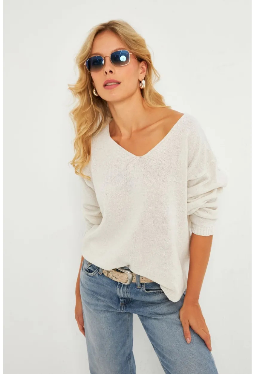 Kadın Ekru V Yaka Triko Bluz YV282