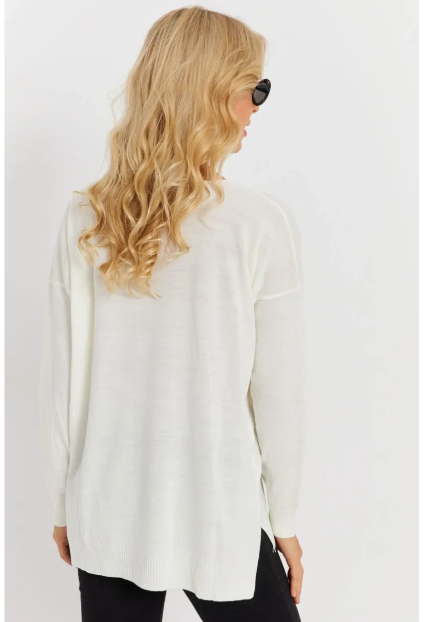 Kadın Ekru V Yaka Triko Kazak YİL549