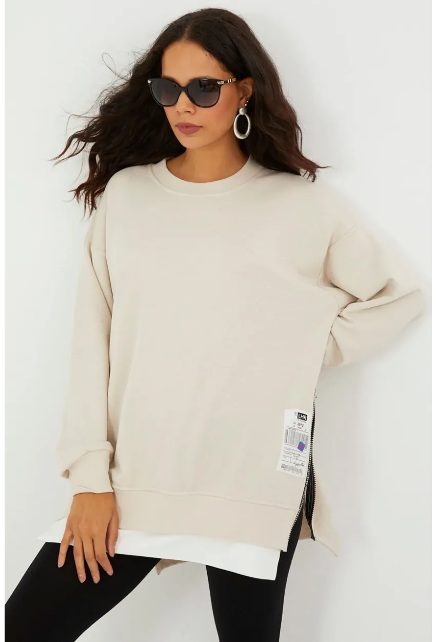 Kadın Ekru Yanları Fermuarlı Oversize Sweatshirt BK231095