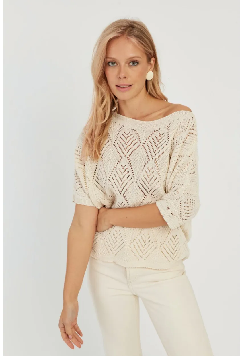 Kadın Ekru Yarasa Kol Ajurlu Triko Bluz YZ621
