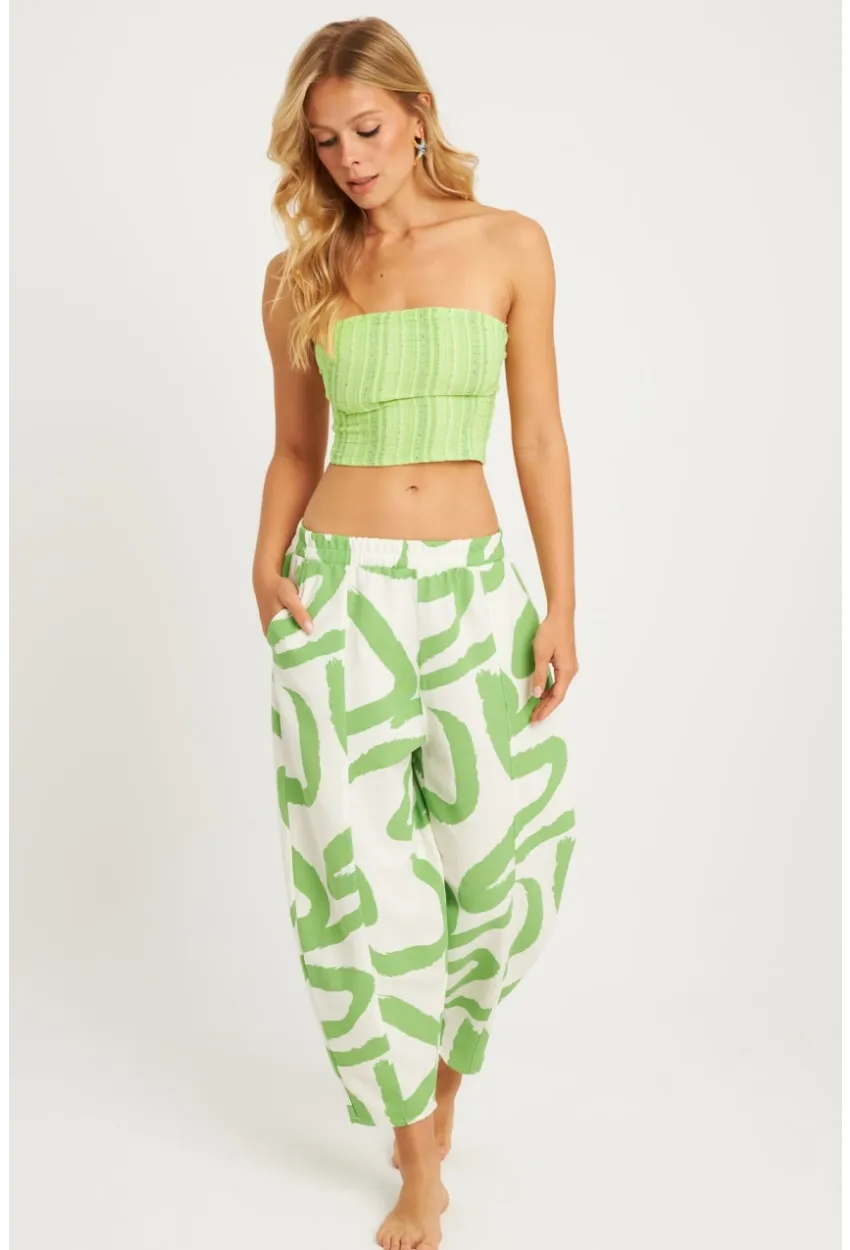 Kadın Ekru-Yeşil Desenli Keten Şalvar Pantolon K1253