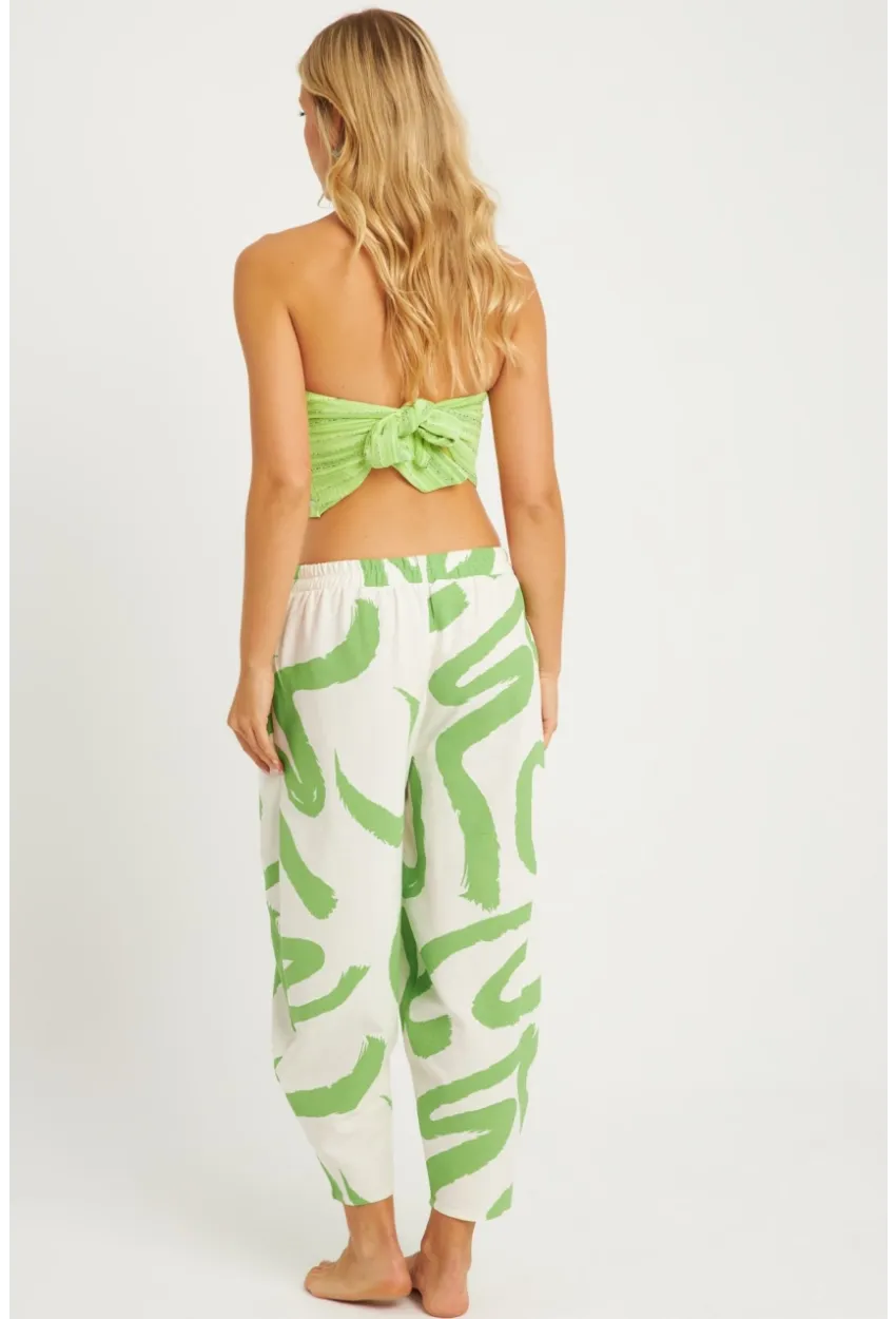 Kadın Ekru-Yeşil Desenli Keten Şalvar Pantolon K1253