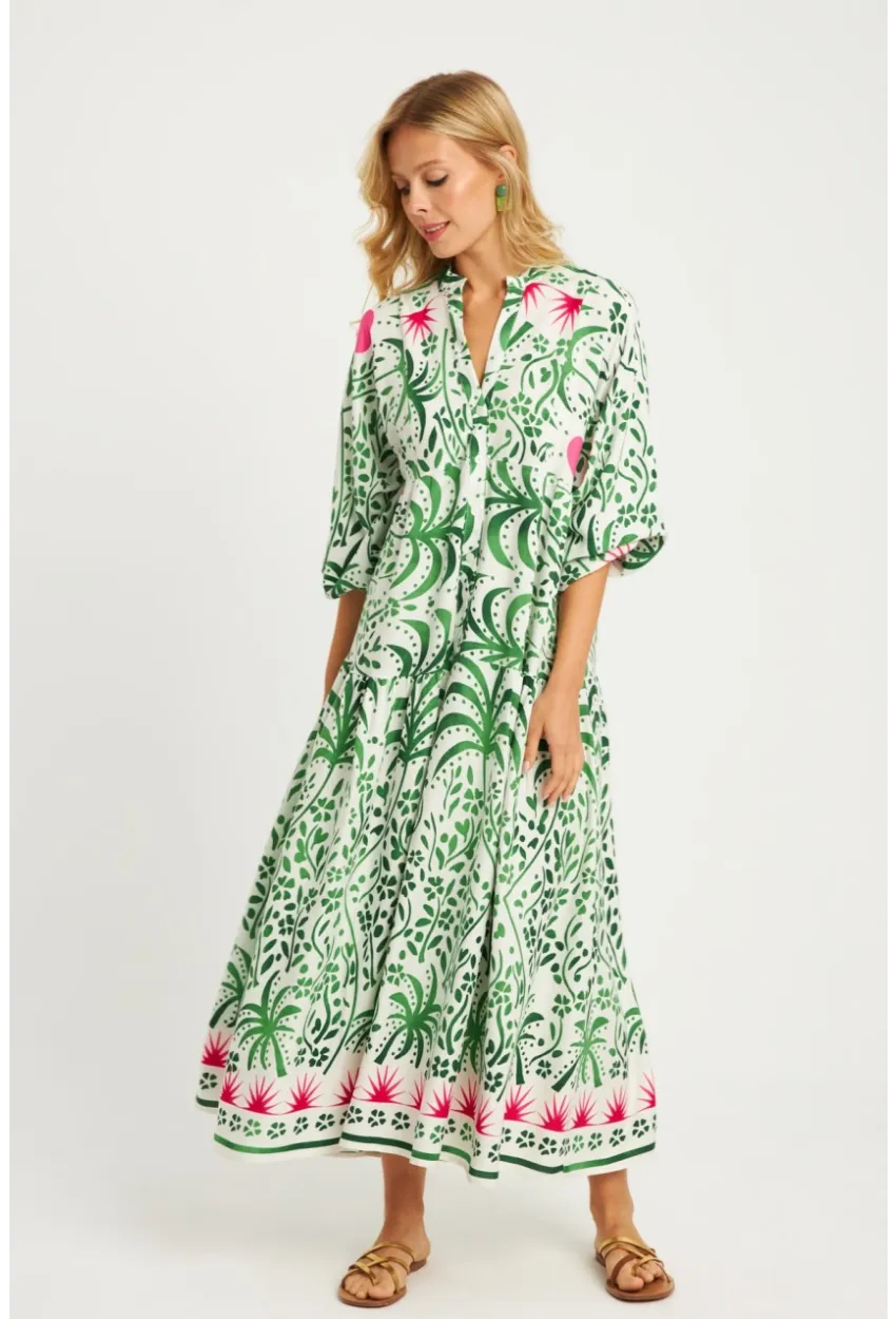 Kadın Ekru-Yeşil Desenli Midi Elbise MGÇ169