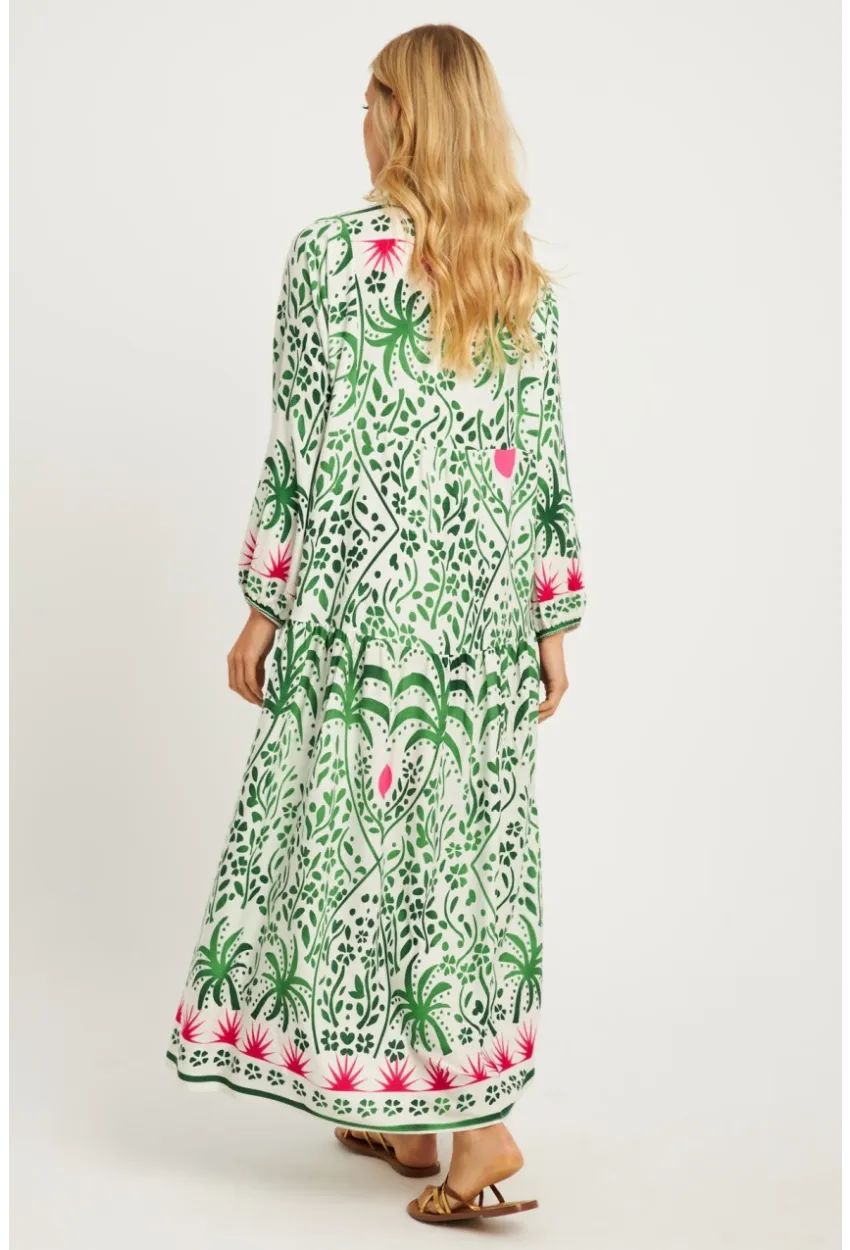Kadın Ekru-Yeşil Desenli Midi Elbise MGÇ169