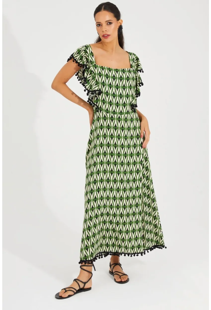 Kadın Ekru-Yeşil Sırtı Gipeli Kare Yaka Elbise BK1650