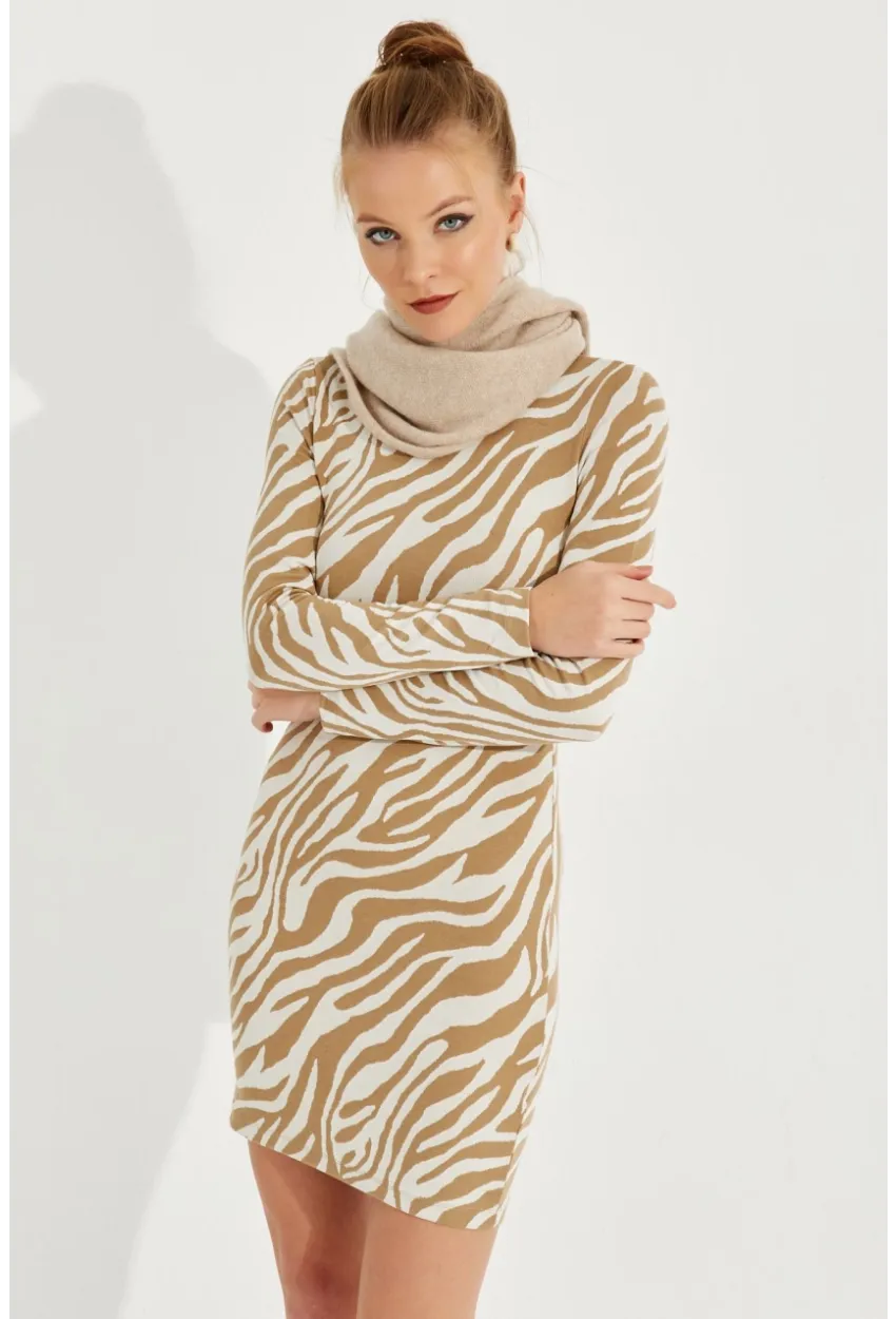 Kadın Ekru Zebra Desenli Mini Elbise AYD249