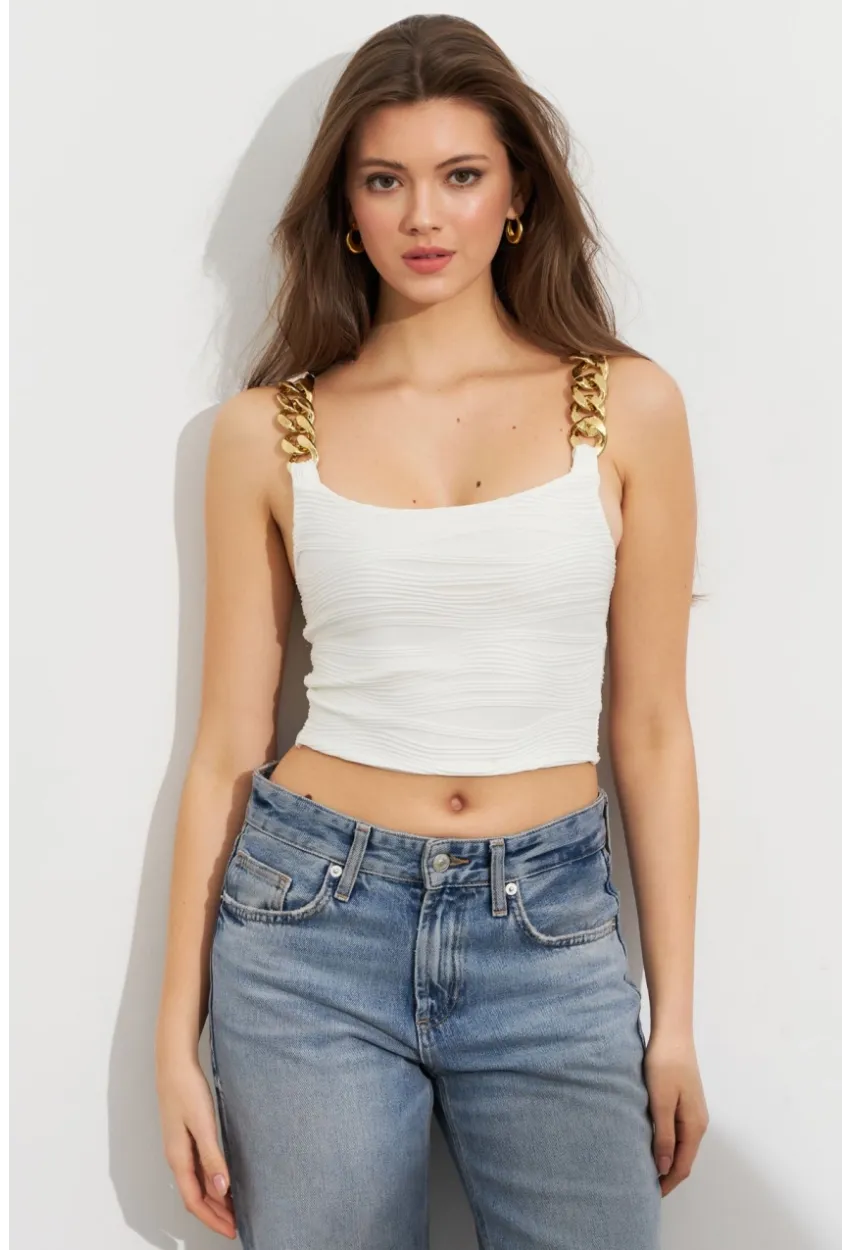 Kadın Ekru Zincir Askılı Astarlı Crop Bluz LİT109