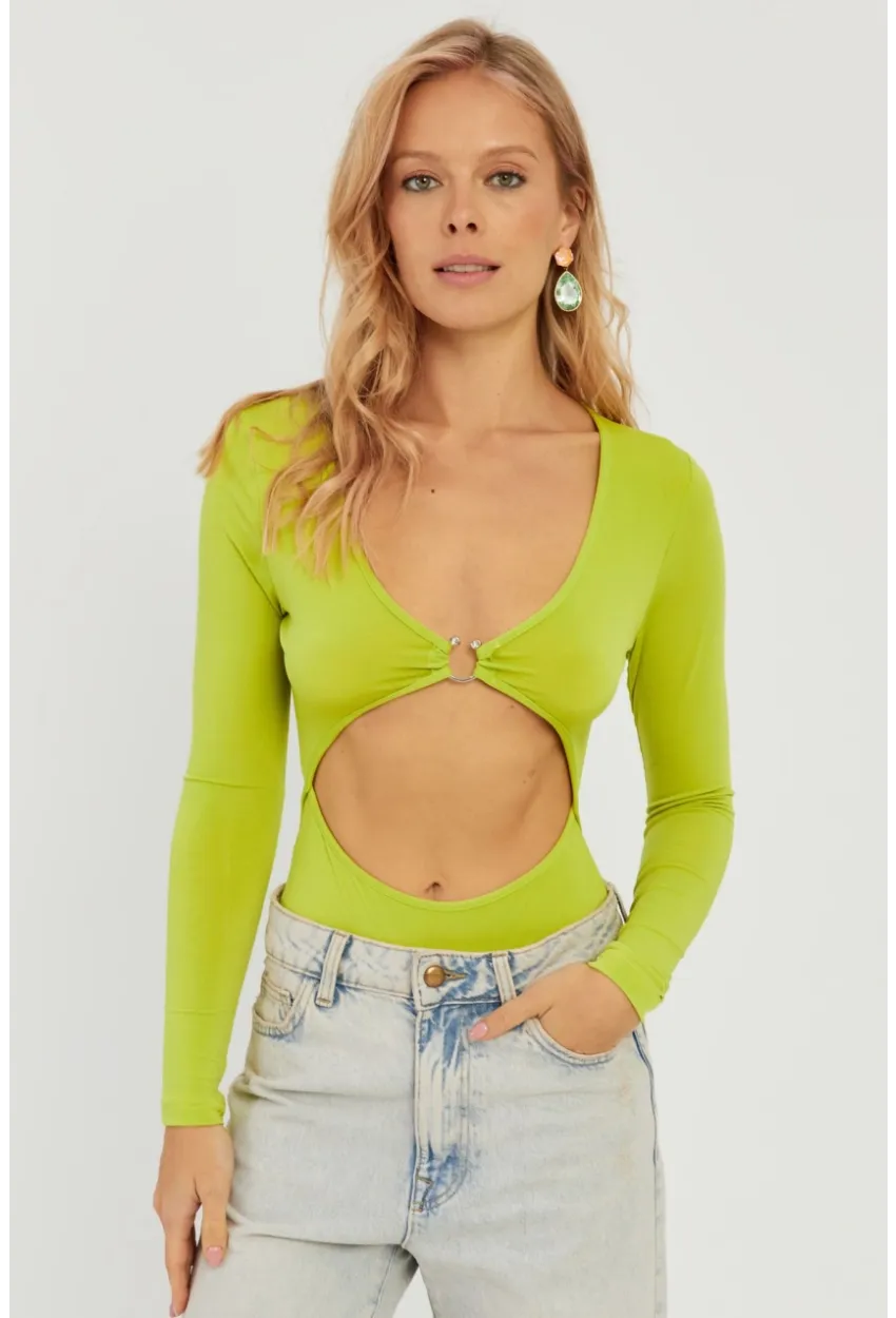 Kadın Fıstık Yeşil Dekolteli Çıtçıtlı Body MEN2026