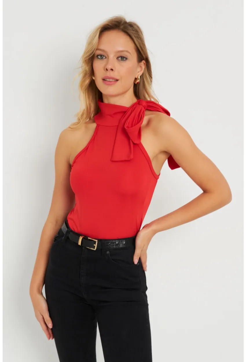 Kadın Fiyonklu Crop Bluz Kırmızı EY2726