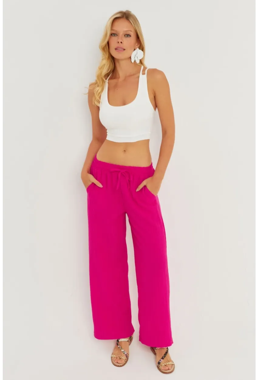 Kadın Fuşya Beli Lastikli Bürümcük Pantolon ZER405