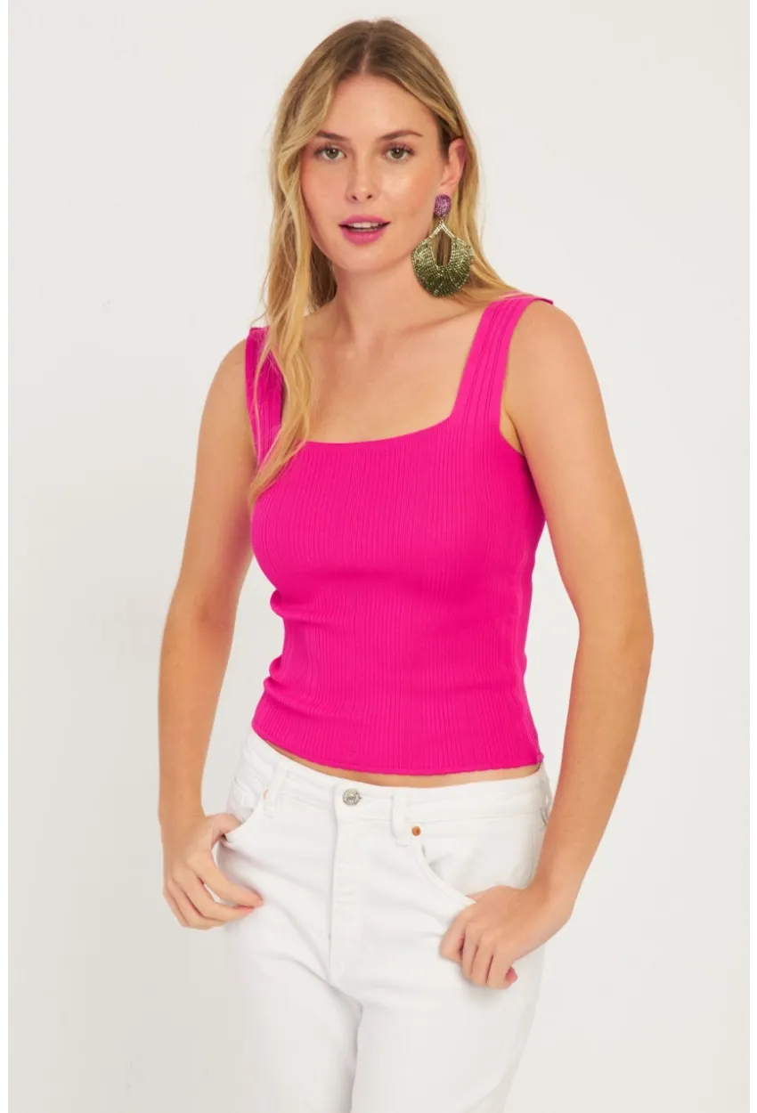 Kadın Fuşya-Beyaz İkili Kare Yaka Triko Bluz SMT226