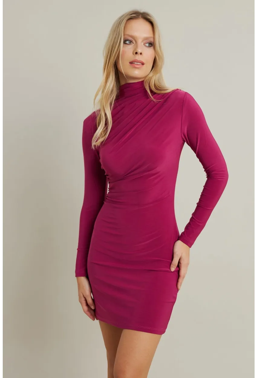 Kadın Fuşya Büzgülü Dik Yaka Mini Elbise ELT3138-90
