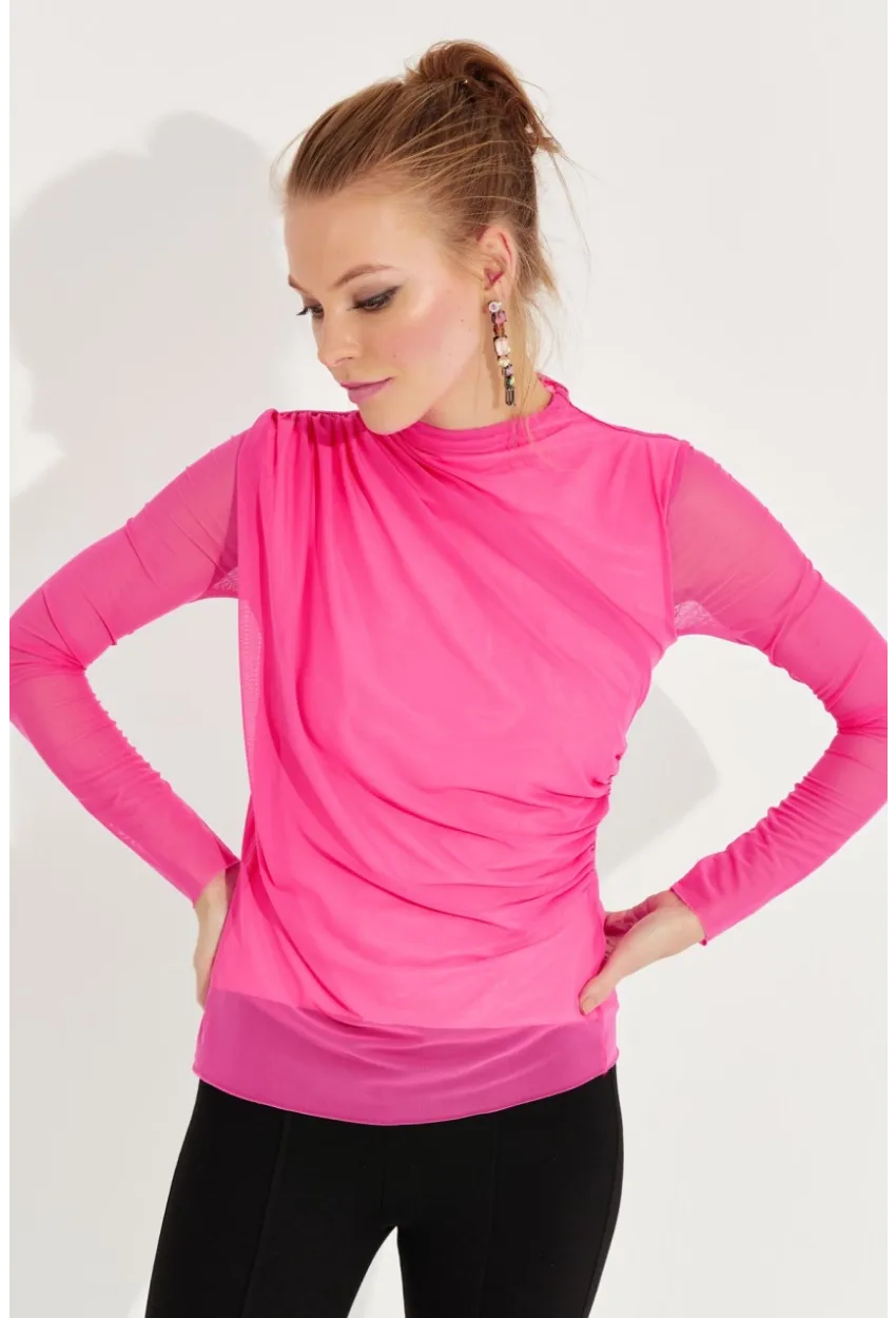 Kadın Fuşya Büzgülü Drapeli Tül Bluz LPP1244