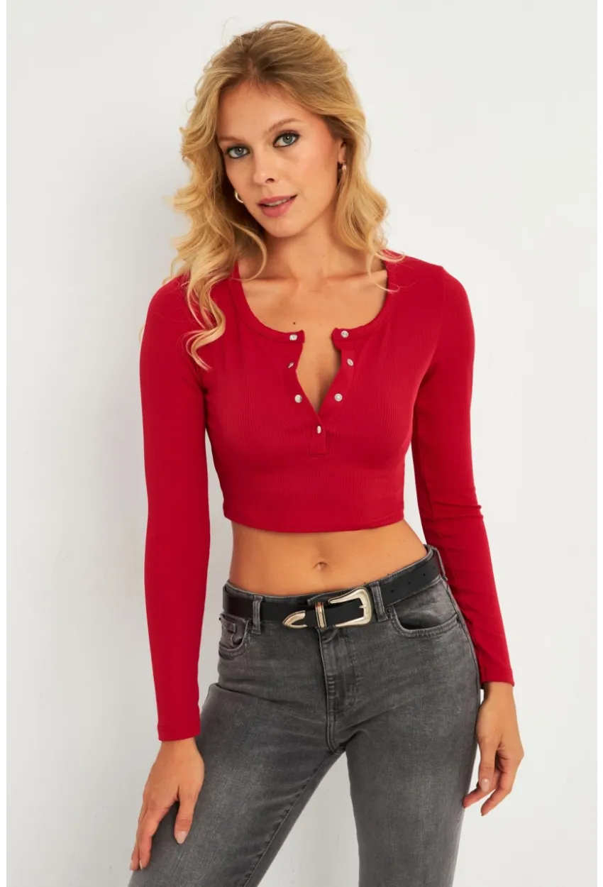 Kadın Fuşya Çıtçıtlı Crop Bluz CG379