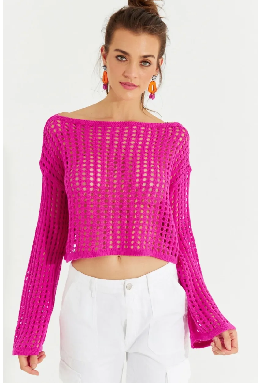 Kadın Fuşya İspanyol Kol Ajurlu Triko Kısa Bluz SMT181
