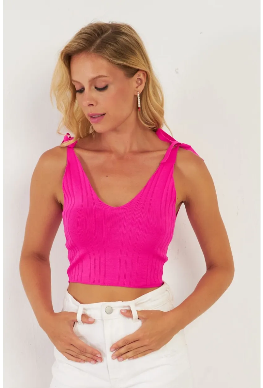 Kadın Fuşya Omuzları Bağlamalı Triko Bluz YV260