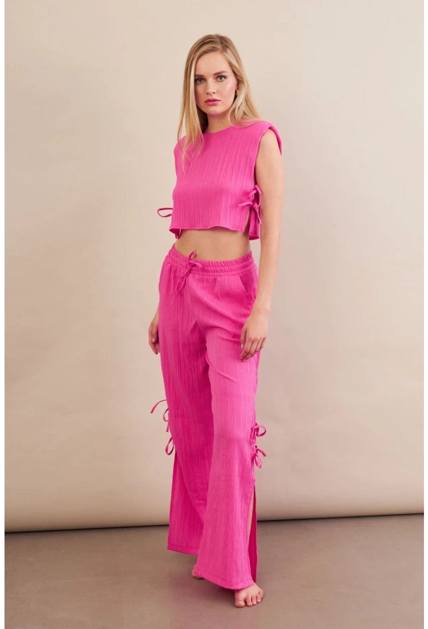 Kadın Fuşya Omuzları Vatkalı Bağlama Detaylı Alt Üst Takım KED002