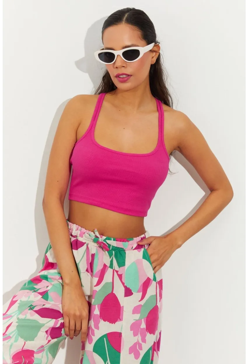 Kadın Fuşya Sırtı Halkalı Kaşkorse Crop Bluz B2552